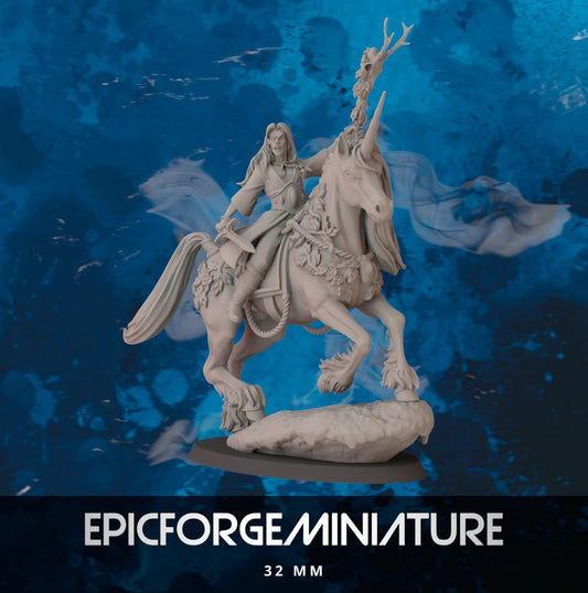 Figurine Wargame Elfe sorcier sur licorne -  32 mm / Epic Forge Miniatures